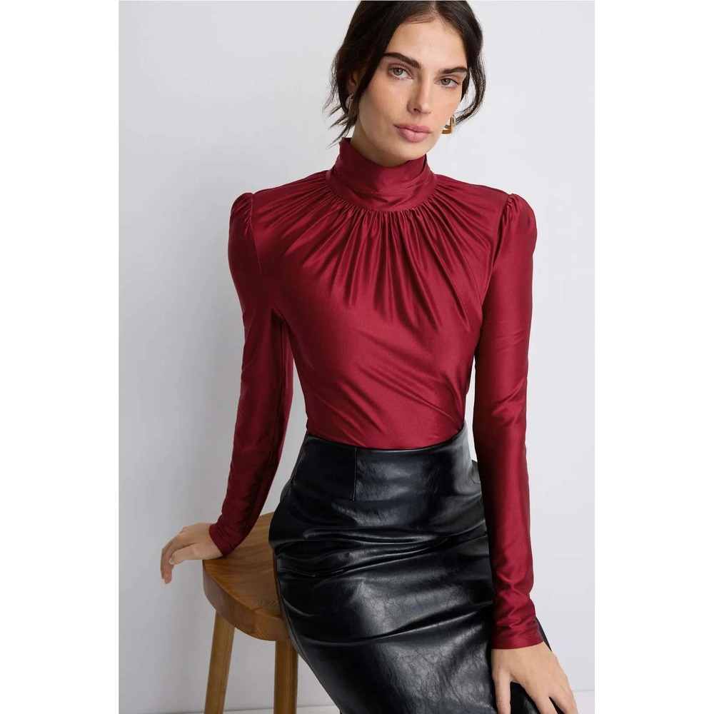 Rabanne Ruched Turtleneck Top Burgundy Red Blouse Gathered Long Sleeve Sz 34 / 0